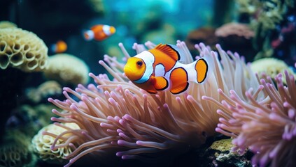 Obraz na płótnie Canvas Clownfish swimming among anemones at the bottom of the sea. Generative AI