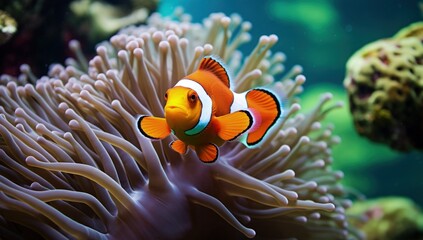 Naklejka na ściany i meble Clownfish swimming among anemones at the bottom of the sea. Generative AI