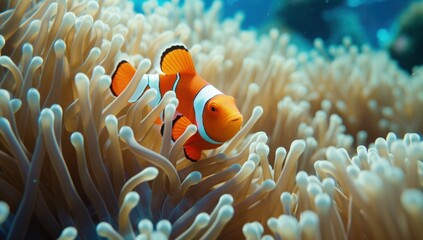 Fototapeta na wymiar Clownfish swimming among anemones at the bottom of the sea. Generative AI