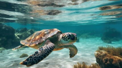 Fototapeta premium Sea turtle swimming in the ocean, underwater life. Generative AI