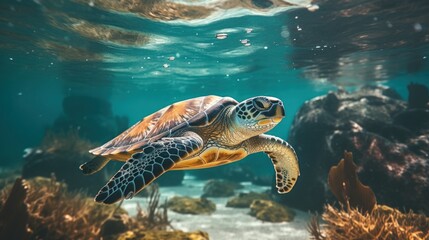 Obraz premium Sea turtle swimming in the ocean, underwater life. Generative AI