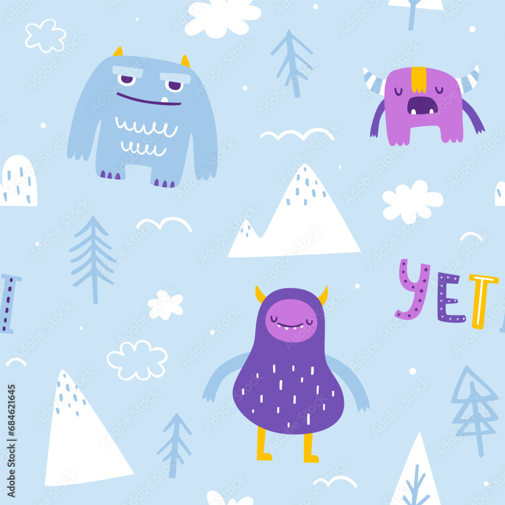 Canvas Prints nordic pattern with cute yeti. seamless scandinavian vector print with sleeping doodle yeti for kids