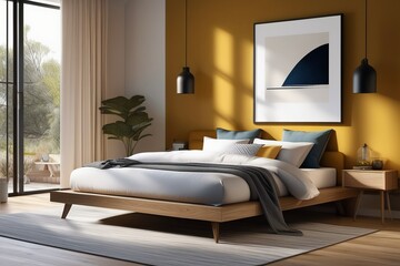 Cozy bedroom on morning light in white, grey and mustard colors, wooden headboard. AI generated