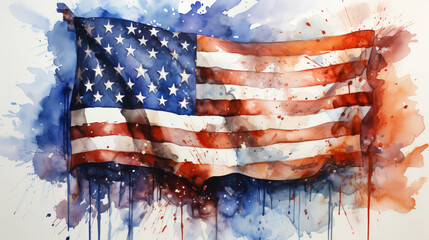 Artistic Watercolor Oil Painting of USA Flag Splatter Color On White Background