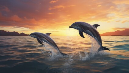 Dolphins jumping out of the water, sunset in the background. Generative AI