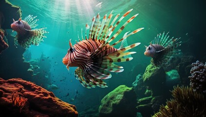 Naklejka na ściany i meble Illustration of a lion fish in a coral reef. Generative AI