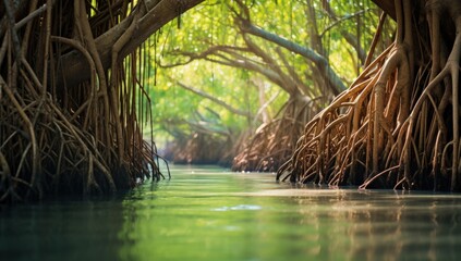 Mangrove trees and roots on the water surface. Generative AI