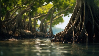 Mangrove trees and roots on the water surface. Generative AI - obrazy, fototapety, plakaty