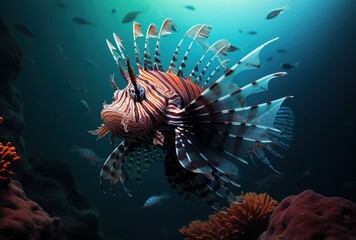 Naklejka na ściany i meble Illustration of a lion fish in a coral reef. Generative AI