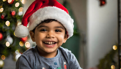 baby boy smiling with santa hat next to the christmas tree