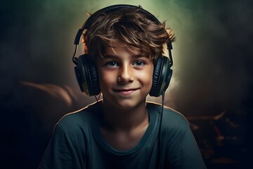 Teen boy playing video games with a headset - obrazy, fototapety, plakaty