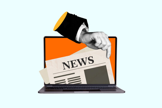 Banner collage poster online news fake info journalism reportage arm hold newspaper isolated on creative drawing background