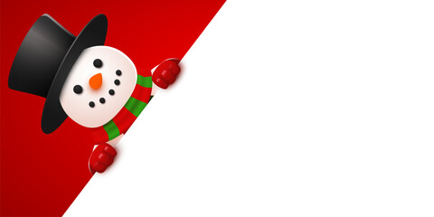 Happy smiling snowman standing behind a blank sign. Christmas and New year banner.