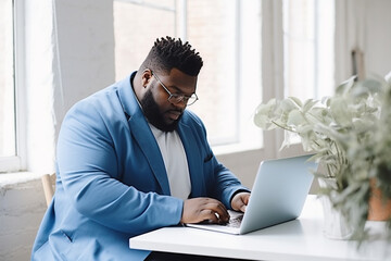 elegant fat black man with glasses ,plus-size, manager, in a blue business suit sitting at a desk with a laptop in a modern office, the concept of diversity - obrazy, fototapety, plakaty