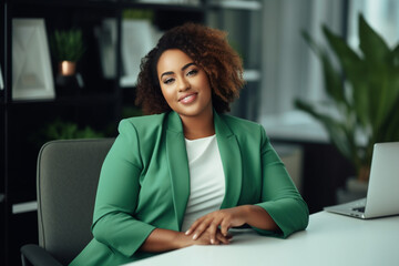 plump,plus-size,black woman,manager, in green business clothes sitting at a desk with a laptop in a modern office,diversity concept
