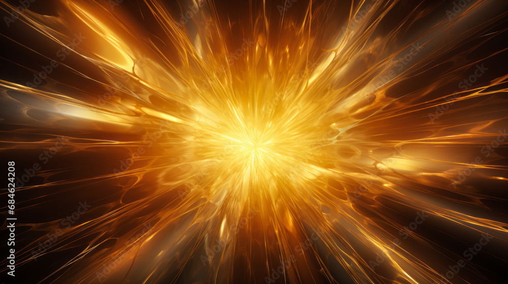 Poster sparkling golden star fractal: abstract background with glossy explosion and linear patterns.