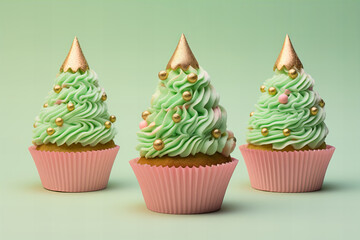 three Christmas tree shaped cupcakes, pastel pink, green and gold colors, holiday dessert