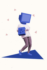 Contemporary collage artwork of headless person pc screen holding gift box happy new year lottery...