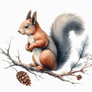A squirrel sits on a pine branch and eats a nut. Watercolor illustration isolated on white. Generative AI.