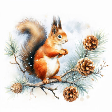 A squirrel sits on a pine branch and eats a nut. Watercolor illustration isolated on white. Generative AI.