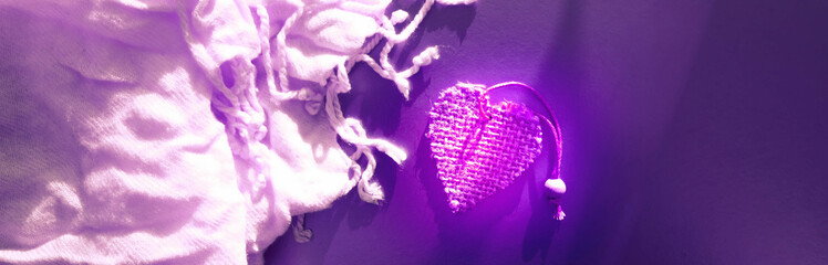 Valentines day or wedding greeting card, purple pink heart and  soft blanket background, love and...