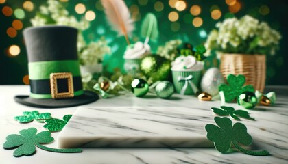 St. Patrick's Day scene with a softly blurred background highlighting festive elements like hats, clovers, and green decorations. The scene features an empty white granite surface in the foreground