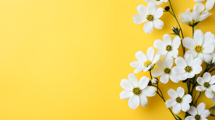 Multiple white flowers and copy space on yellow background. generative ai.