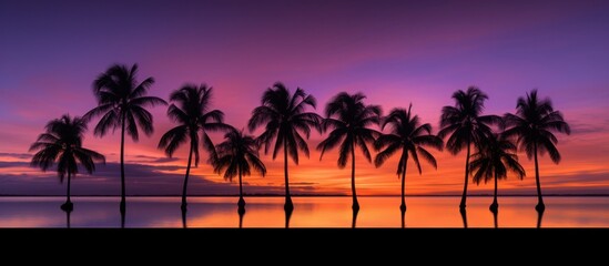 Fototapeta na wymiar a group of palm trees in silhouette with ocean along the lake