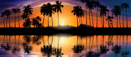 a group of palm trees in silhouette with ocean along the lake