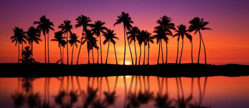 a group of palm trees in silhouette with ocean along the lake