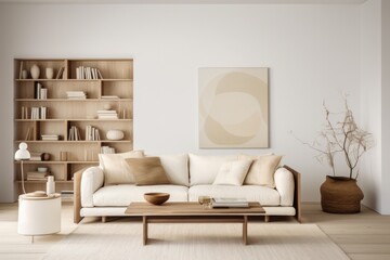 a living room with a white couch, a lamp, books, table and chair