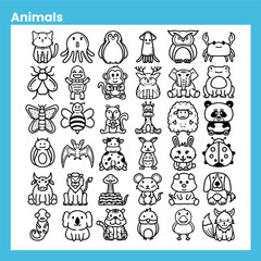 icon collection of various animals in outline style, hand drawn icons
