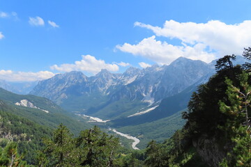 Valley view with mountain in the background and trees in the foreground