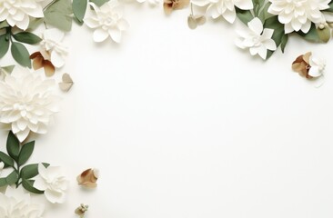 a white background surrounded by flowers and leaves