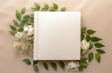 a white blank book surrounded by green leaves - obrazy, fototapety, plakaty