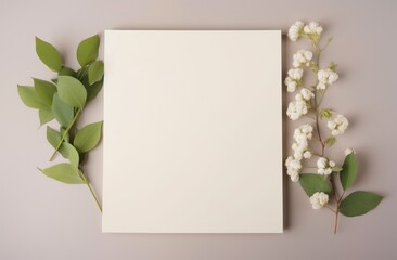 a white blank book surrounded by green leaves