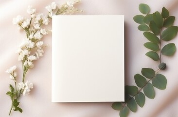 a white blank book surrounded by green leaves