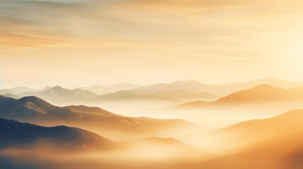 Natural fog and mountains sunlight background blurring, misty waves warm colors and bright sun light. Christmas background sky sunny color orange light patterns, abstract flare evening. generative ai.