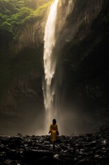 a woman walks past a large waterfall