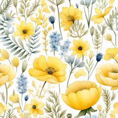 Seamless yellow and blue floral pattern - on bright white background; for wrappers, wallpapers, postcards, greeting cards, wedding invites, romantic events.