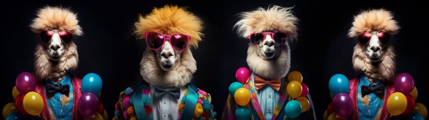 Funny animal celebration party birthday carnival photography banner greeting card - Group collection of alpacas with colorful suit, bow tie and sunglasses, isolated on black background