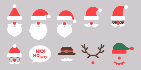 Christmas photo booth collection. Santa Claus various red hat set, moustache, beard, Elf, Deer horn. Xmas clip art. Holiday winter party concept. Isolated. Trendy style vector flat illustration. - 684626244