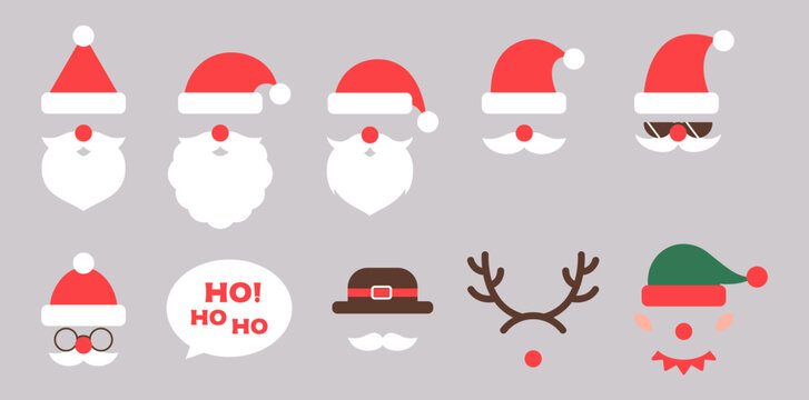 Christmas photo booth collection. Santa Claus various red hat set, moustache, beard, Elf, Deer horn. Xmas clip art. Holiday winter party concept. Isolated. Trendy style vector flat illustration.