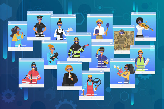 Labor day banner vector illustration. Cartoon group of women of different professions inside online web browser windows in digital cyberspace, career and employment of female characters in uniform