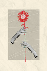 Magazine picture sketch collage of arms tacking care red sunflower isolated grey beige color background