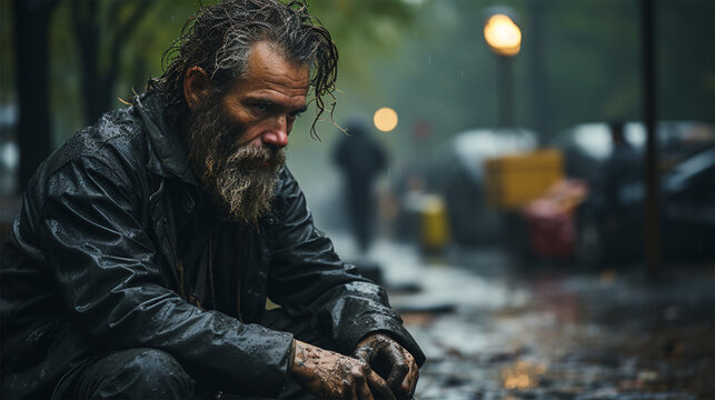 portrait of a bearded lonely homeless man on a rainy day on the street. concept of helping the disadvantaged and victims of natural disasters. 
