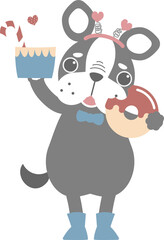 happy valentine's day with dog holding cupcake and donut, love concept, flat png transparent element character design