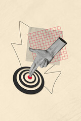 Photo cartoon comics sketch collage picture of arm showing handgun shooting target isolated beige...