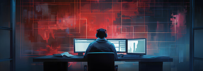 Obraz premium programmer using dekstop in room - a trader using multi dekstop to wach market 