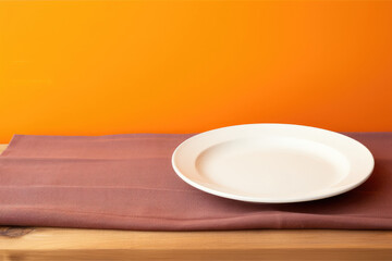Empty white plate with tablecloth on wooden table on orange wall background. Thanksgiving mock up for design and product display 